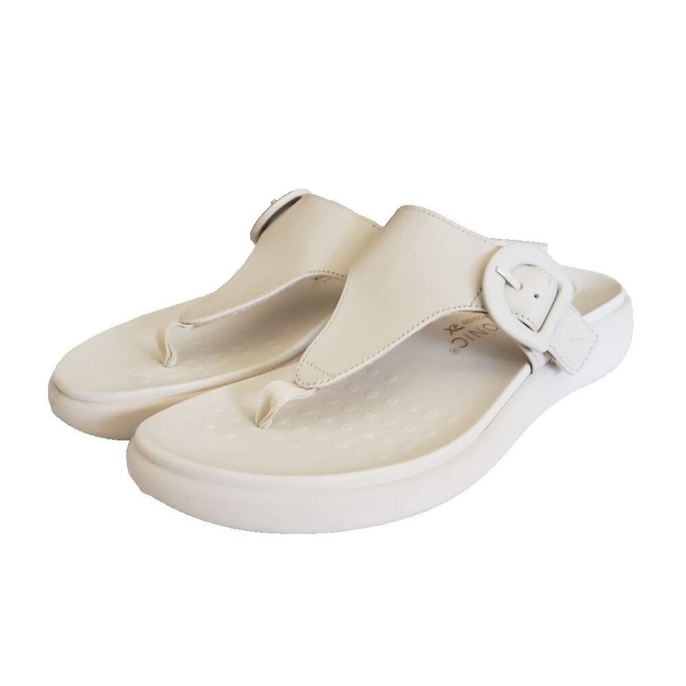 Vionic Sandals Womens Leather Thong Beige Buckle Support Sz 7.5 Active Rx Slides